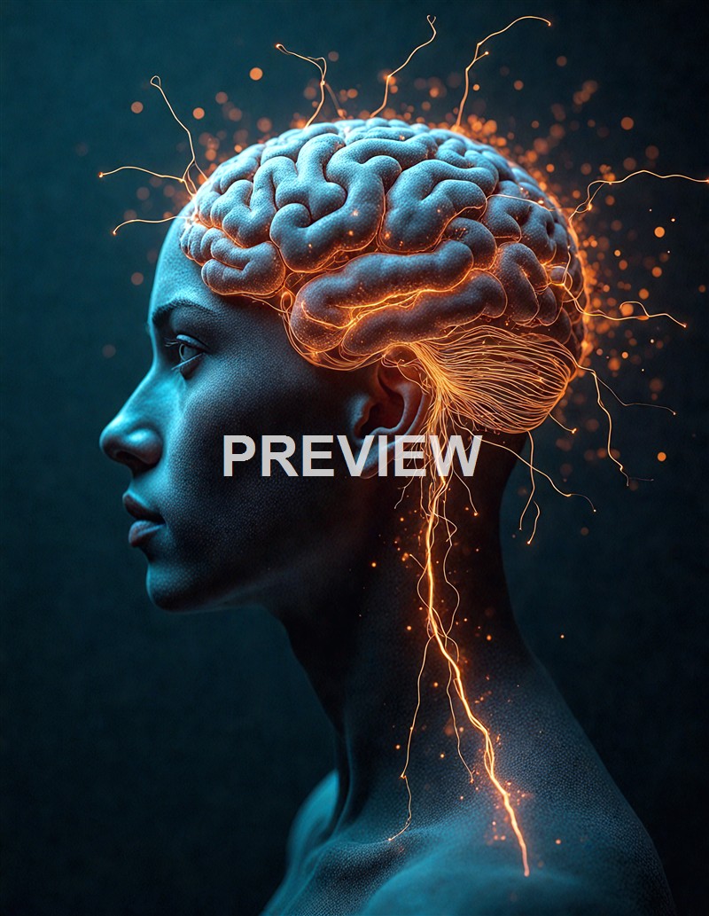 A digitally rendered image of a human profile with a glowing brain and electric sparks emanating from it, highlighting neural activity and connectivity.